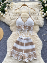 BXOXO 2025 Beach Suits Sexy Two Pieces Set Women Fashion Halter Tassel Tank Top + Elastic Wide Legs Hollow Out Casual Shorts Female